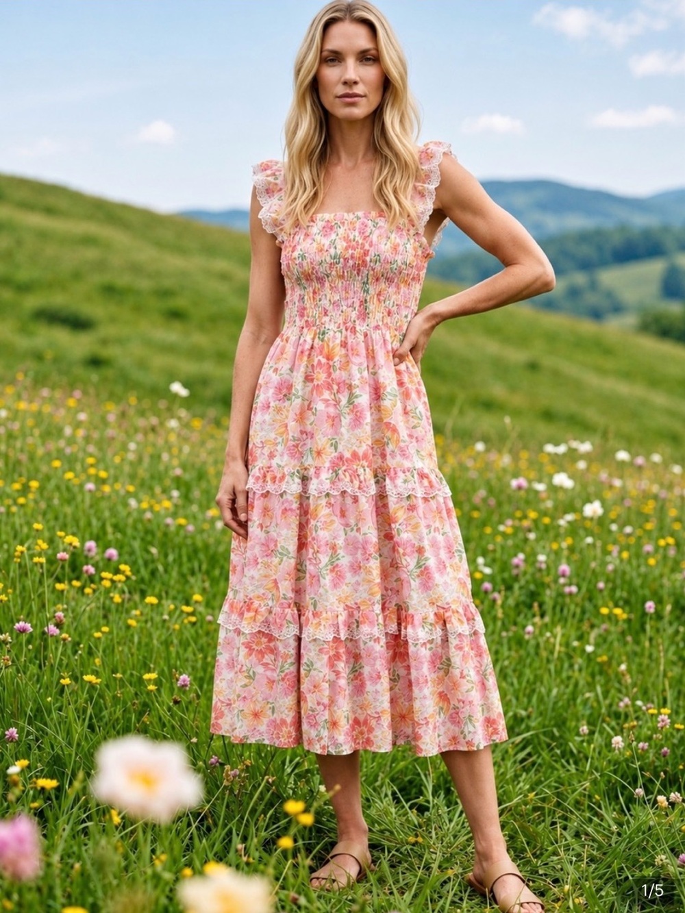 Haute Hippie Pink Floral Tiered Smocked Bodice Maxi Dress size 12 - Picture 3 of 13